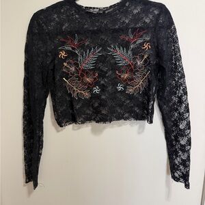 Zara Black Lace Crop Top with Colorful Embroidery